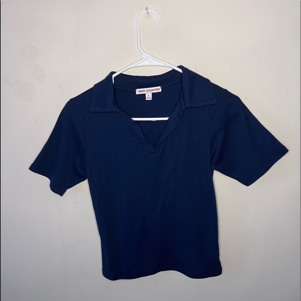 Navy Blue Cropped Collared T-Shirt